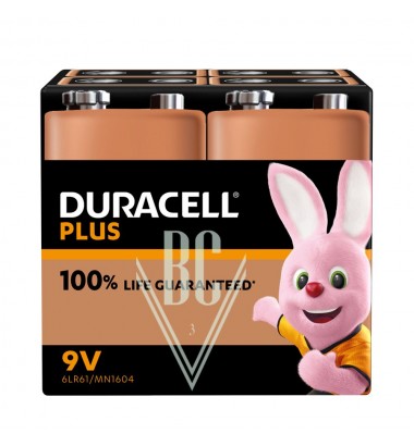 Duracell Plus Battery 9V E-Block 6LR61 MN1604, 4 Pack